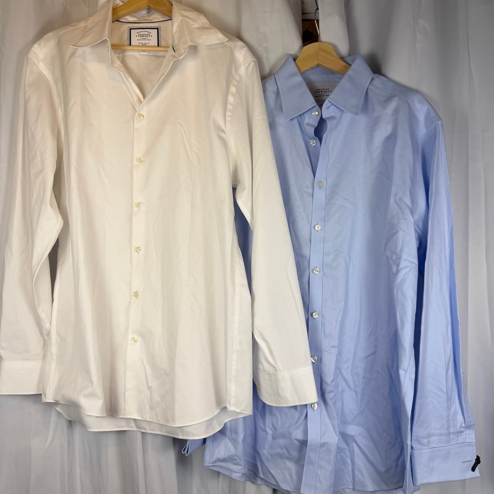 Charles Tyrwhitt Mens Extra Slim Fit Non Iron Dress Shirts 17/36 White Blue 2pk
